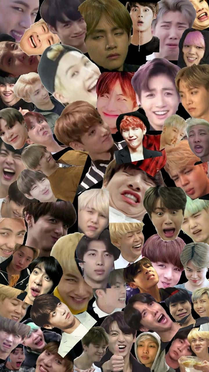Bangtan Sonyeondan 桌布 壁紙 — 一幅充滿活力的拼貼畫，展現了許多年輕男性的面孔，呈現各種富有表現力的姿勢和色彩繽紛的頭髮。