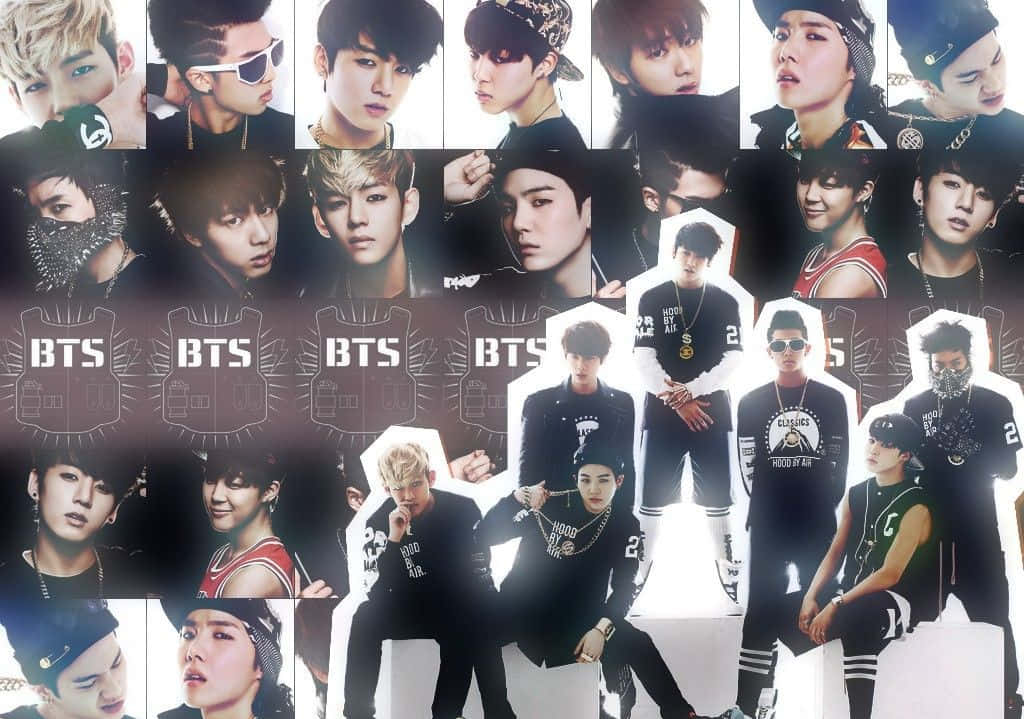 Bangtan Sonyeondan 桌布 壁紙 — 一幅充滿活力的拼貼畫，展示BTS成員在深色背景前以時尚姿勢和服裝亮相，並帶有發光的「BTS」標誌。