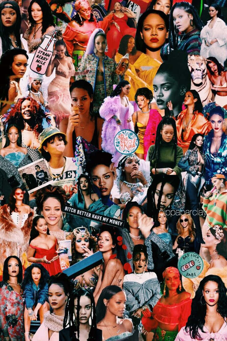 Black Culture 桌布 壁紙 — 一幅充滿活力的拼貼畫，展示Rihanna在不同時代和風格中的各種服裝和姿勢。