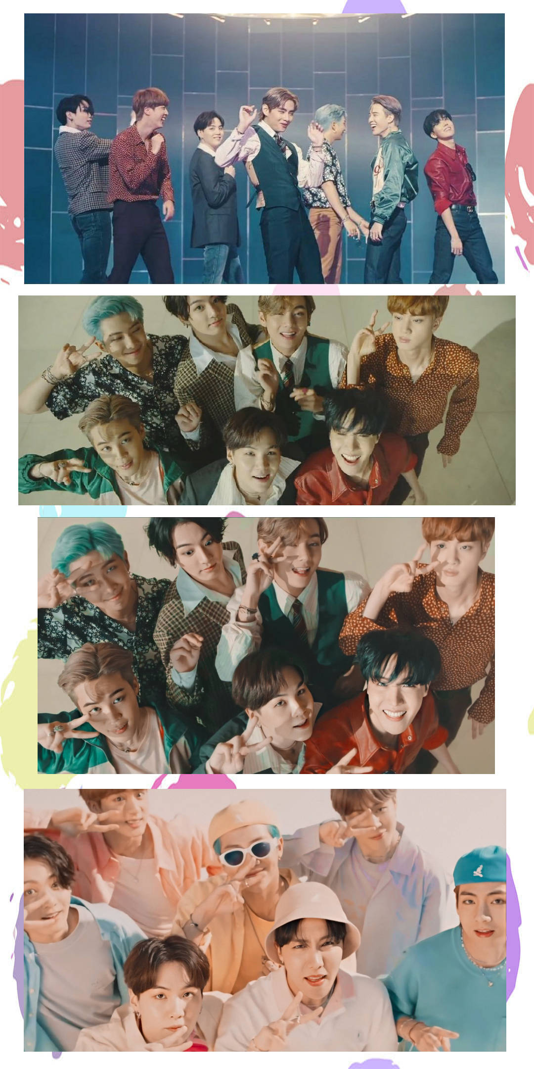 cute bts group 桌布 壁紙 — 一幅充滿活力的拼貼畫，展示一個K-pop團體在柔和背景前穿著色彩繽紛的服裝充滿活力地擺姿勢。