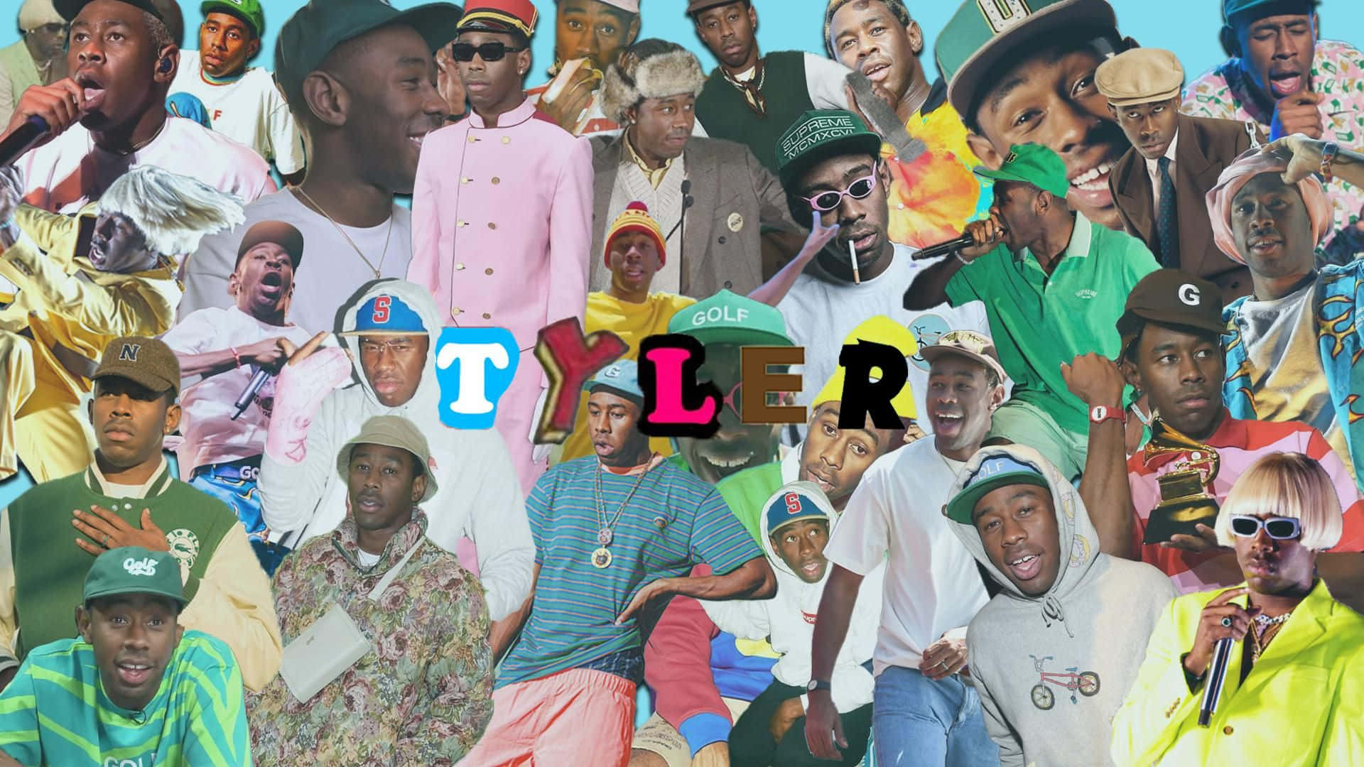tyler the creator 桌布 壁紙 — 一幅充滿活力的拼貼畫，展示了 Tyler, The Creator 穿著各種色彩繽紛的服裝和姿勢，中央有粗體「TYLER」文字。