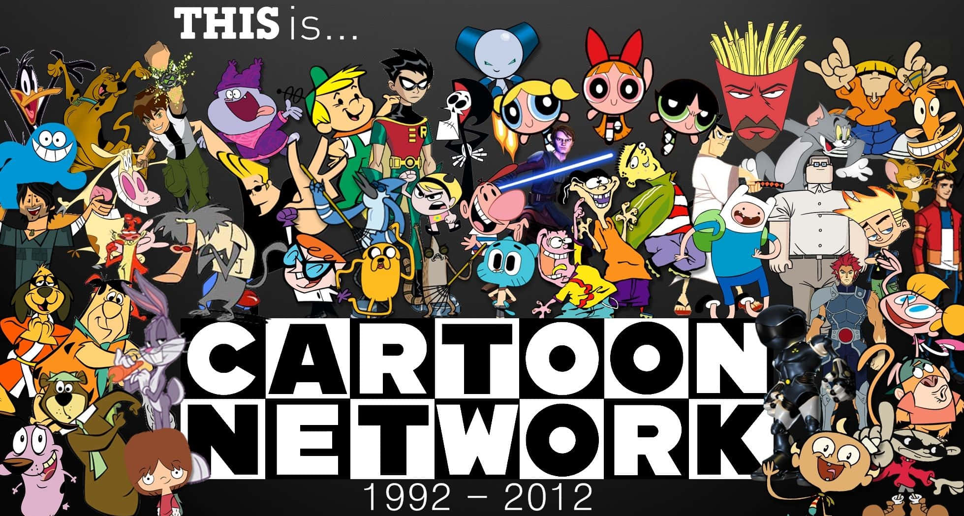 Vintage Cartoon Aesthetic 桌布 壁紙 — 一幅充滿活力的拼貼畫，展示了1992年至2012年間經典的Cartoon Network動畫角色，背景為深色。
