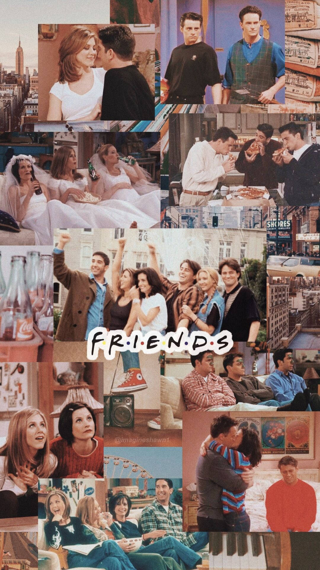 Friends Aesthetic 桌布 壁紙 — 一幅充滿活力的拼貼畫，展示了電視劇《老友記》中的標誌性時刻，主要演員出現在各種情感和喜劇場景中。