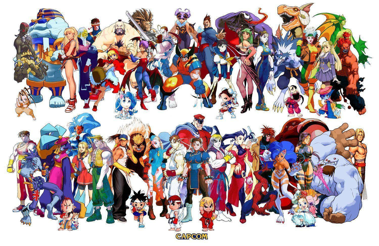Marvel And Capcom Heroes 壁紙 — 一幅充滿活力的拼貼畫，展示各種Capcom電子遊戲角色在純白色背景上擺出動態姿勢。