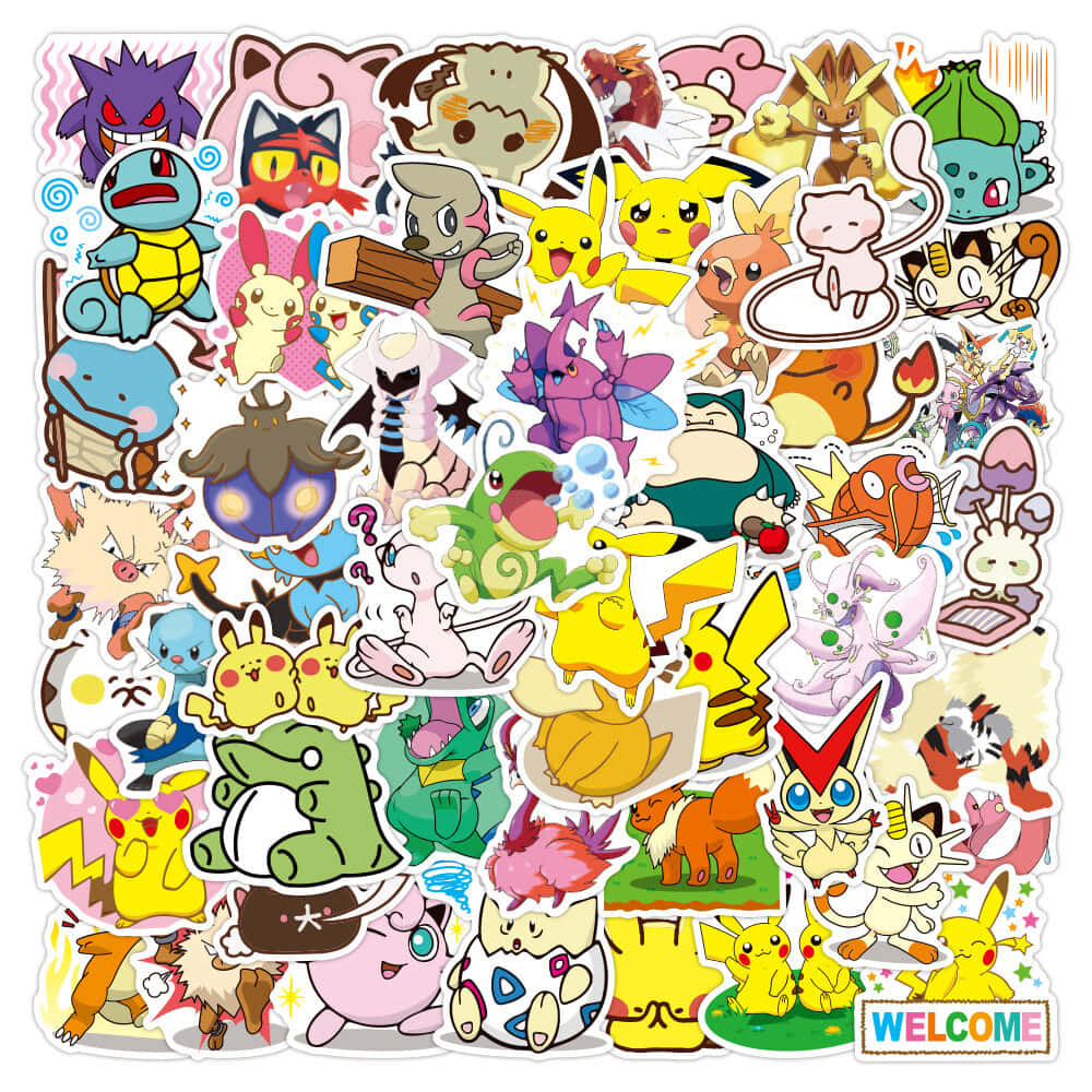 Pokemon Stickers 桌布 壁紙 — 一幅充滿活力的拼貼畫，展示比卡超、伊貝及其他角色以俏皮姿態呈現的彩色寶可夢貼紙。