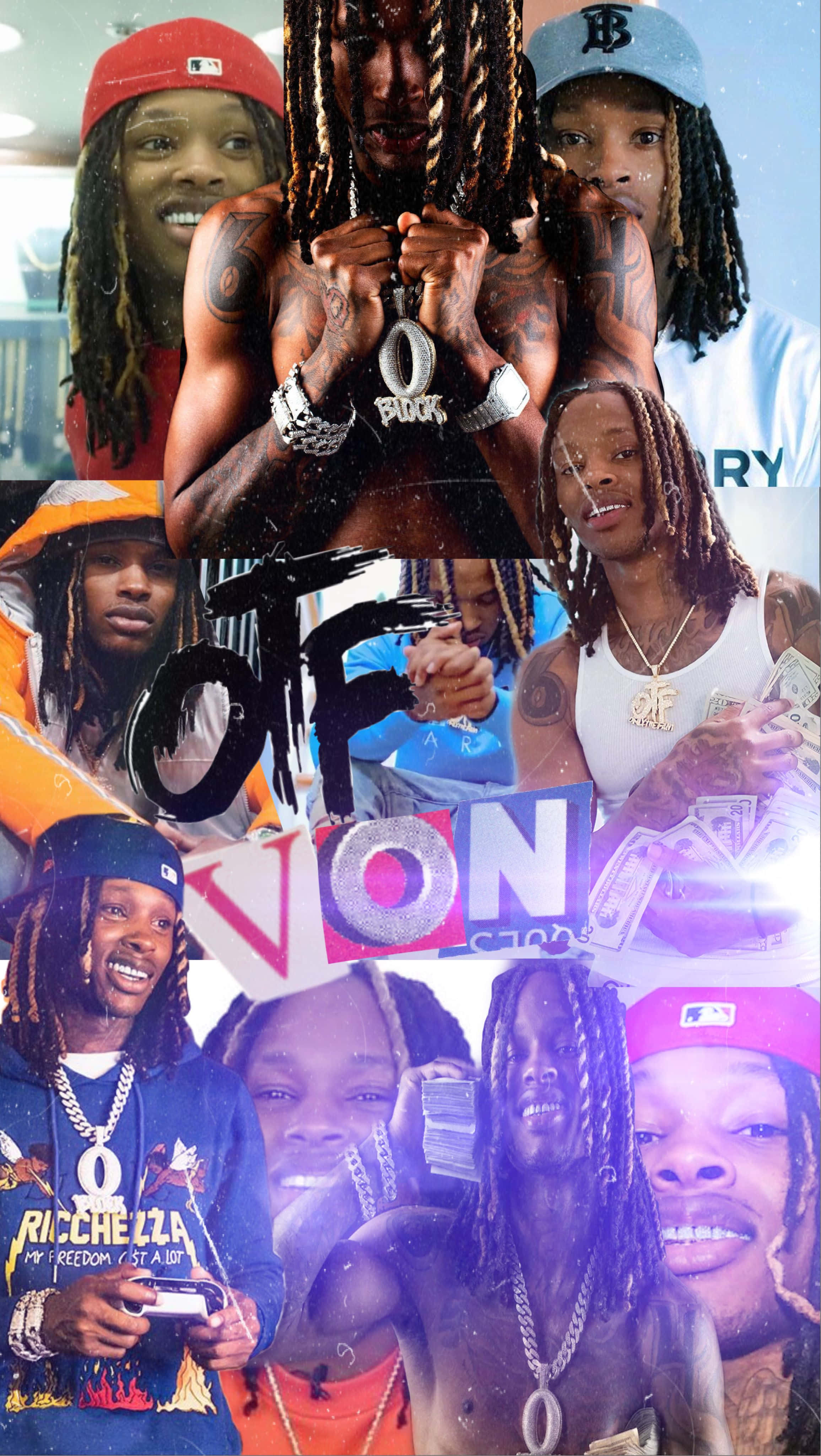 King Von 桌布 壁紙 — 一幅充滿活力的拼貼畫，展示說唱歌手 Young Thug 以各種姿勢，戴著色彩繽紛的帽子和鏈條，在塗鴉背景下手持金錢。