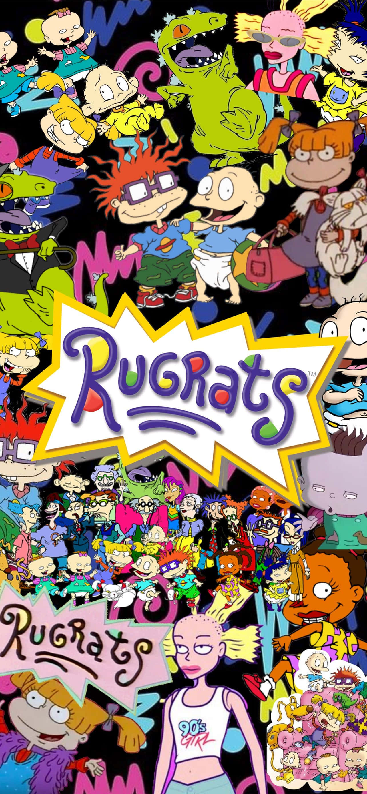 rugrats 桌布 壁紙 — 一幅充滿活力的拼貼畫，描繪 Rugrats 卡通角色從中央標誌中迸發出來，背景為黑色。