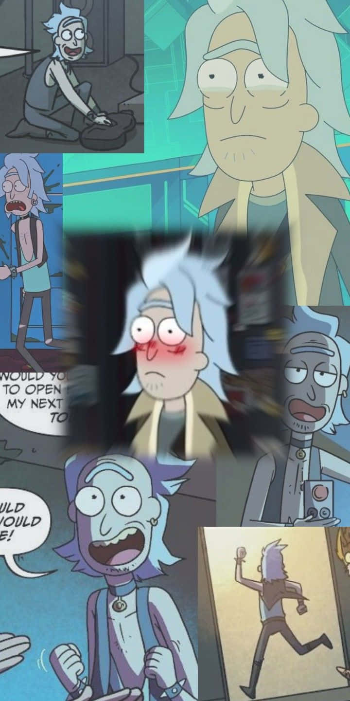 Total Rickall 桌布 壁紙 — 一幅充滿活力的拼貼畫，描繪《瑞克和莫蒂》中的瑞克·桑切斯在各種富有表現力的動畫場景中。