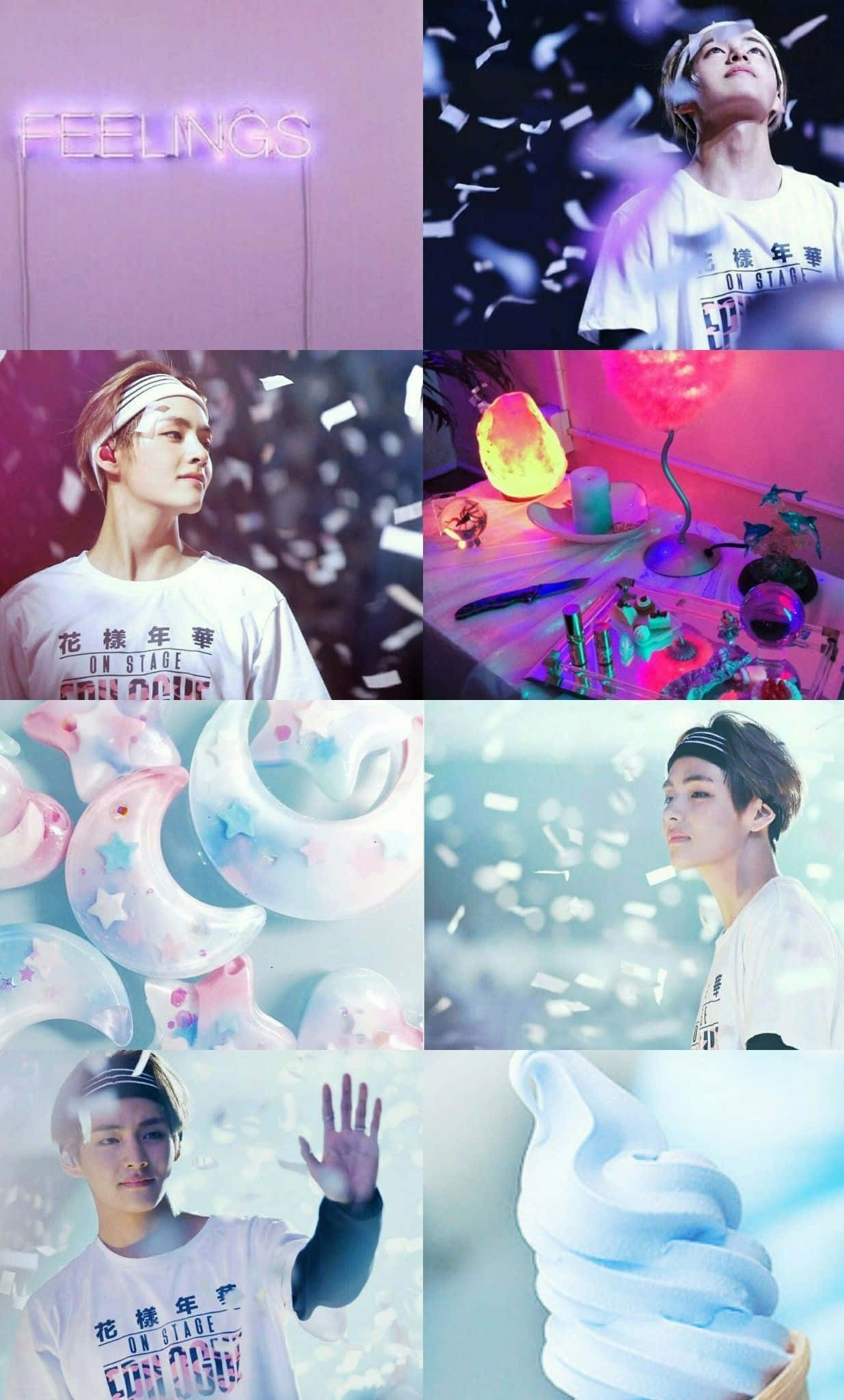 Brightening 桌布 壁紙 — 一幅充滿活力的拼貼畫，描繪K-pop偶像在各種夢幻場景中，伴隨著霓虹燈、五彩紙屑和柔和的粉彩甜點。