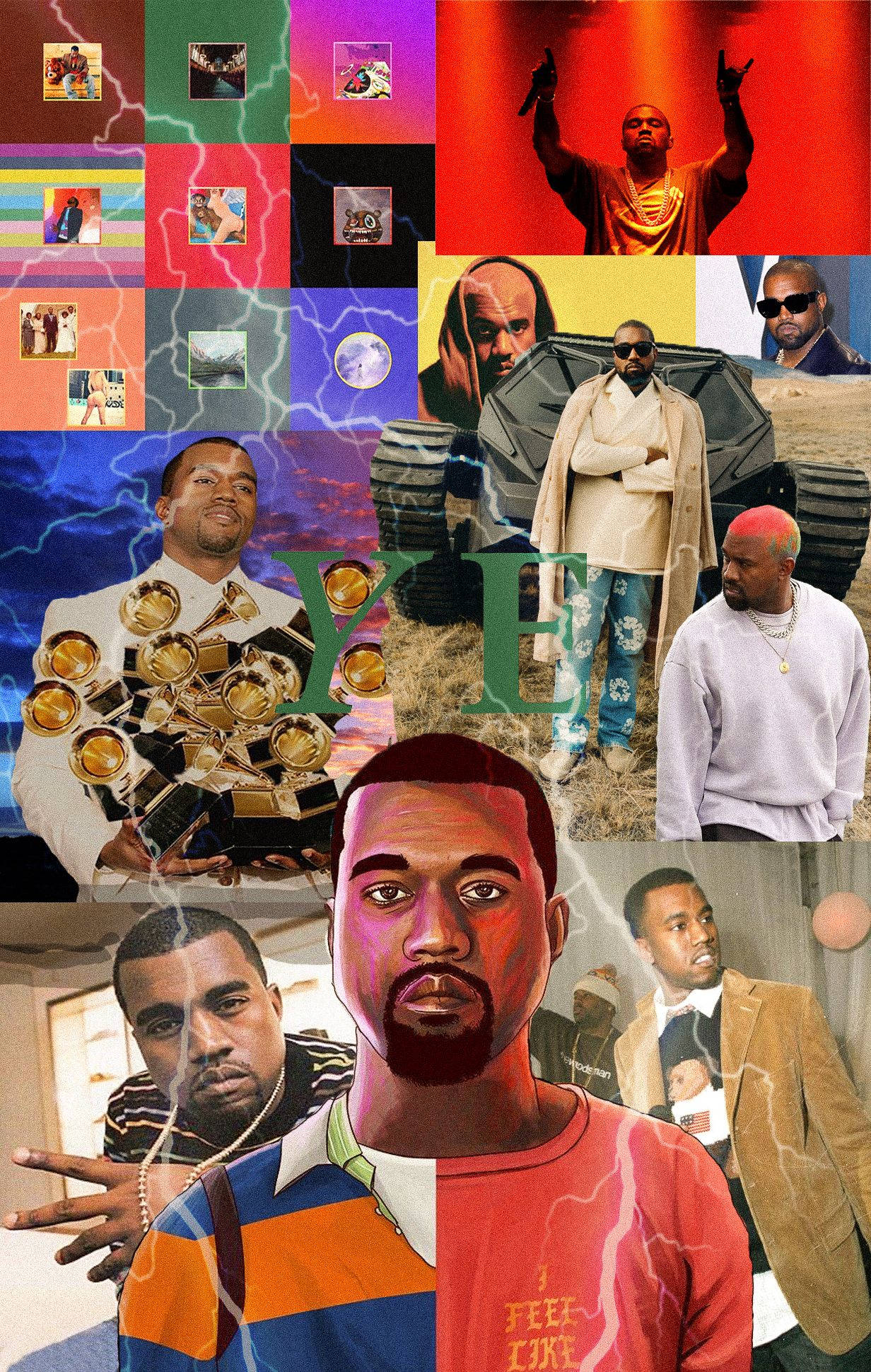 Kanye West - College Dropout 壁紙 — 一幅充滿活力的拼貼畫，描繪Kanye West以各種標誌性姿勢和服裝，搭配色彩繽紛的抽象背景和閃電效果。