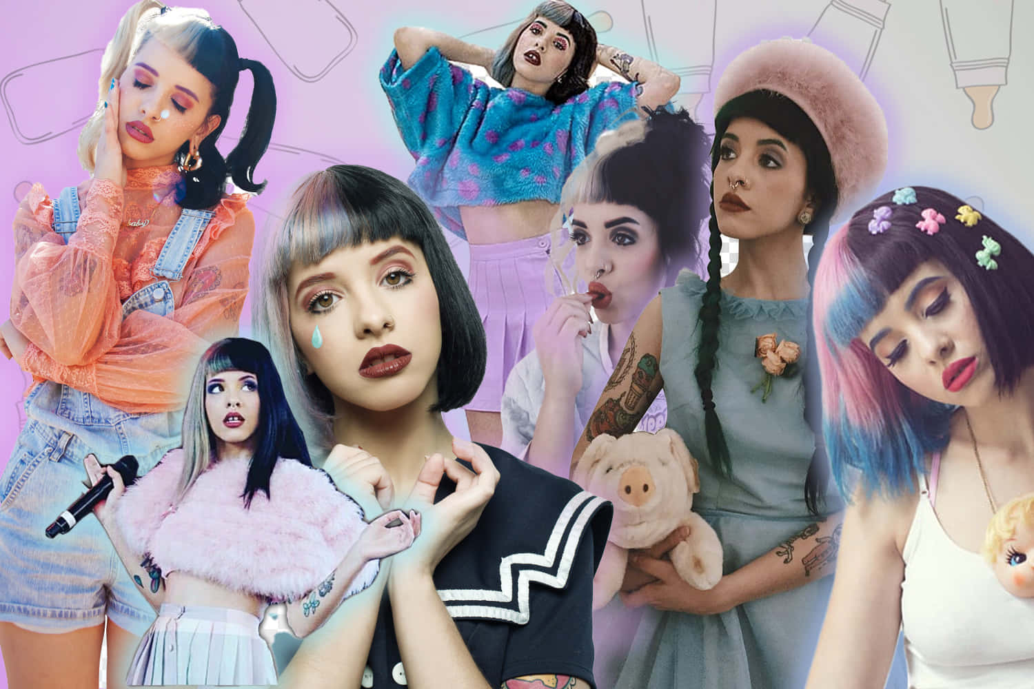 Melanie Martinez 桌布 壁紙 — 一幅充滿活力的拼貼畫，描繪七位風格化的女性穿著色彩繽紛的服裝，在粉彩背景前擺出富有表現力的表情和俏皮的道具。