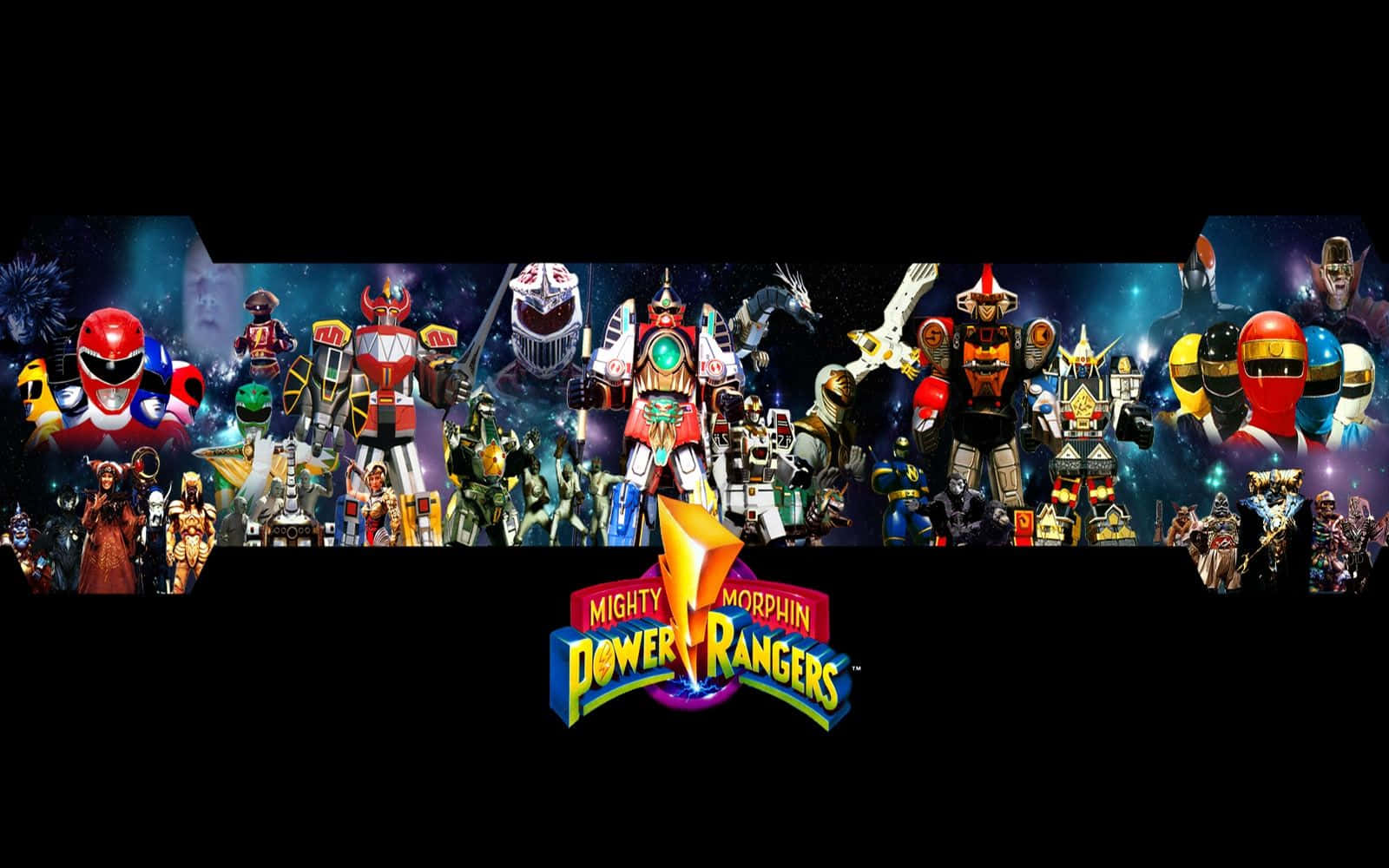 Power Rangers 桌布 壁紙 — 一幅充滿活力的拼貼畫，描繪了Mighty Morphin Power Rangers及其盟友身穿色彩繽紛的盔甲，背景為宇宙星空。