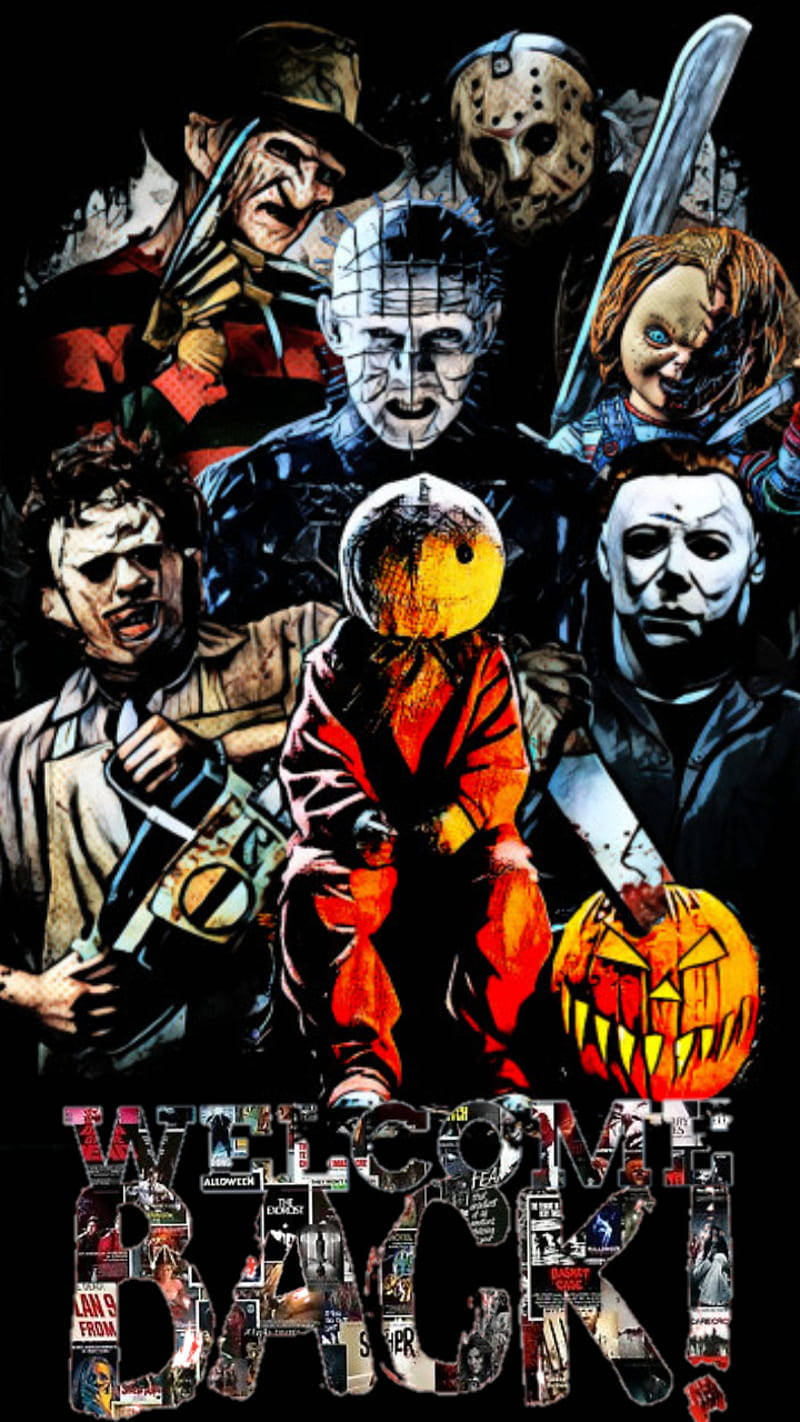 horror villains 桌布 壁紙 — 一幅充滿活力的拼貼畫，描繪了佛萊迪、傑森和麥可·邁爾斯等經典恐怖電影反派，俯視著一個手持血刀的南瓜頭小孩。