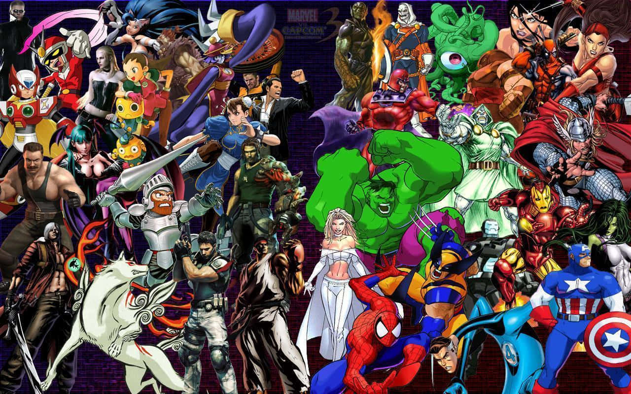 Marvel Vs Capcom 桌布 壁紙 — 一幅充滿活力的拼貼畫，描繪了來自漫威及其他系列的標誌性漫畫英雄和反派，在深紫色背景上動態擺出姿勢。
