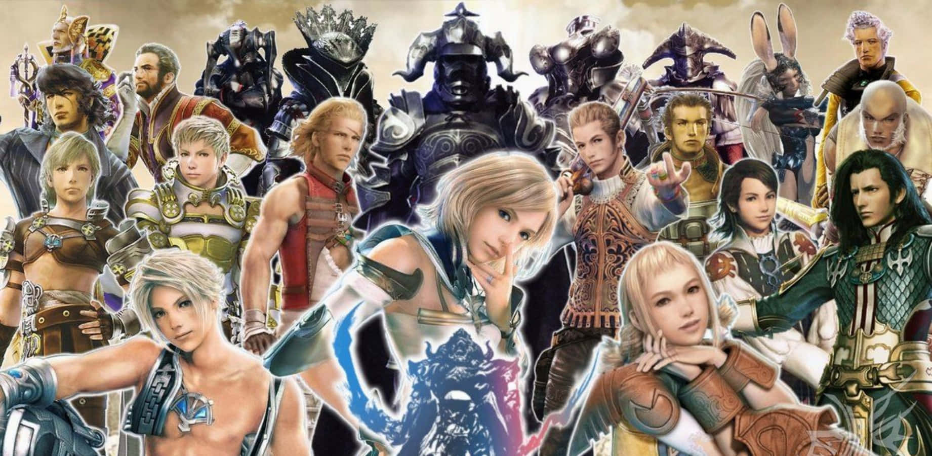 Final Fantasy Characters 桌布 壁紙 — 一幅充滿活力的拼貼畫，描繪了各種奇幻角色，身穿精緻盔甲和服裝，在多雲的天空下動態擺姿勢。
