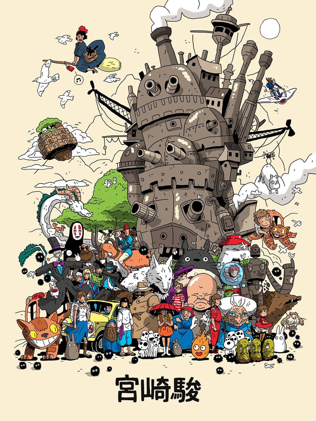 Studio Ghibli Art 桌布 壁紙 — 一幅充滿活力的拼貼畫，描繪了吉卜力工作室的角色聚集在一個巨大的飛行城堡周圍，伴隨著奇幻生物和漂浮元素。