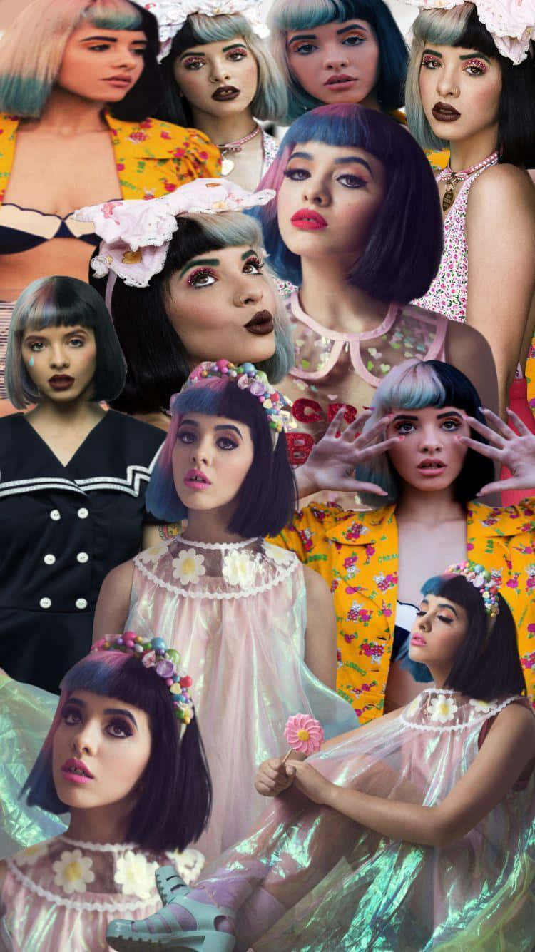 Melanie Martinez 桌布 壁紙 — 一幅充滿活力的拼貼畫，描繪了年輕女性擁有色彩繽紛的頭髮和大膽的化妝，穿著俏皮、復古風格的服裝擺姿勢。