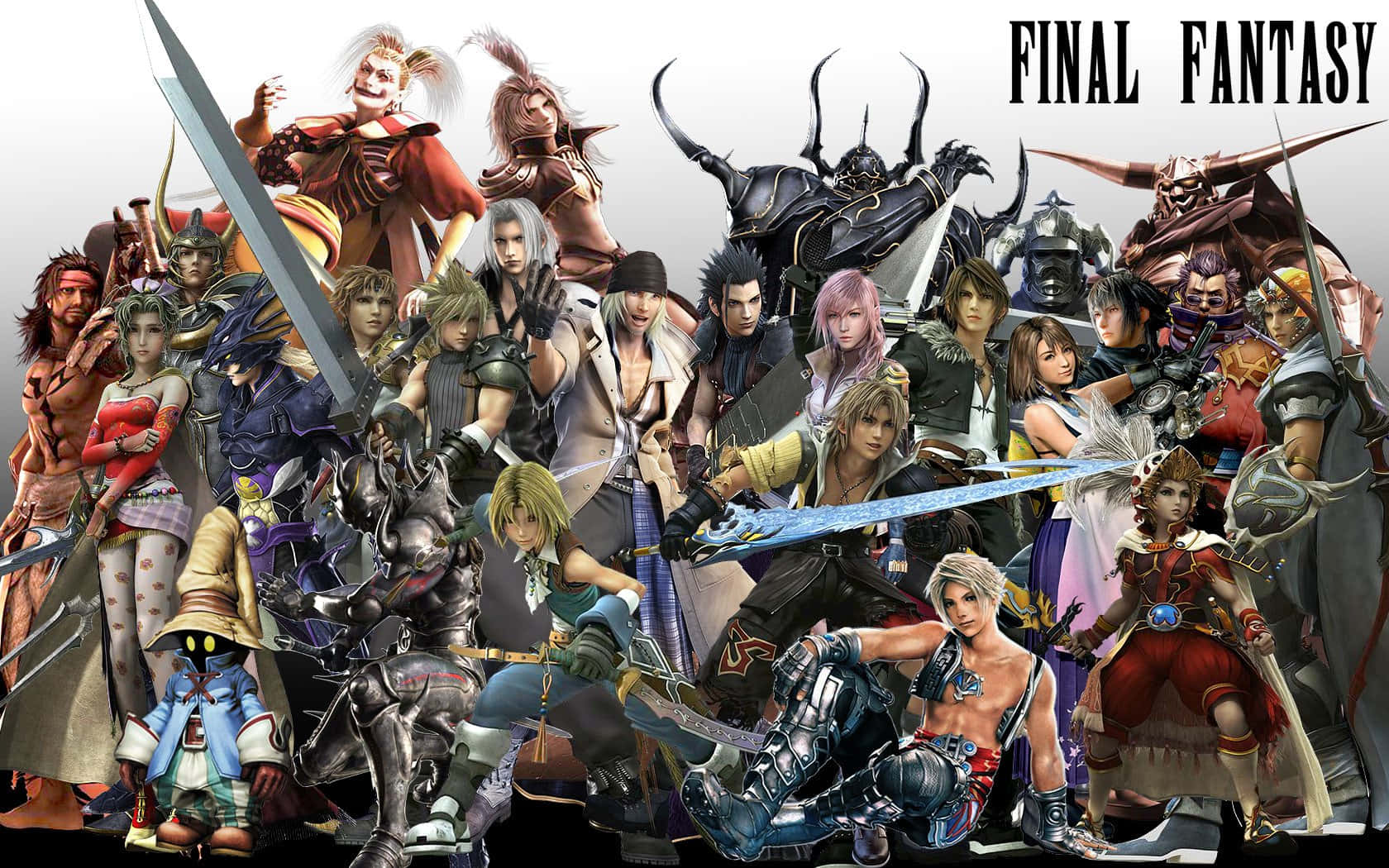 Final Fantasy Characters 桌布 壁紙 — 一幅充滿活力的拼貼畫，描繪了標誌性的《最終幻想》角色在純白背景前以動態姿勢揮舞劍與魔法。