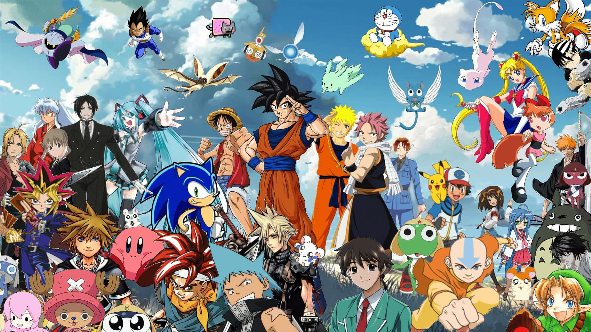 Anime Collage 桌布 壁紙 — 一幅充滿活力的拼貼畫，描繪了標誌性動漫角色在明亮的藍天和 fluffy 白雲中漂浮和站立。