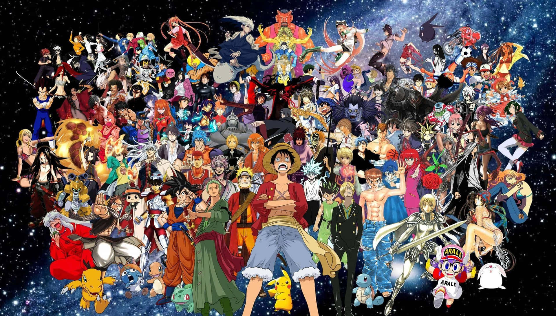 Manga Characters 桌布 壁紙 — 一幅充滿活力的拼貼畫，描繪來自不同系列的動漫角色聚集在星光燦爛的宇宙背景前。