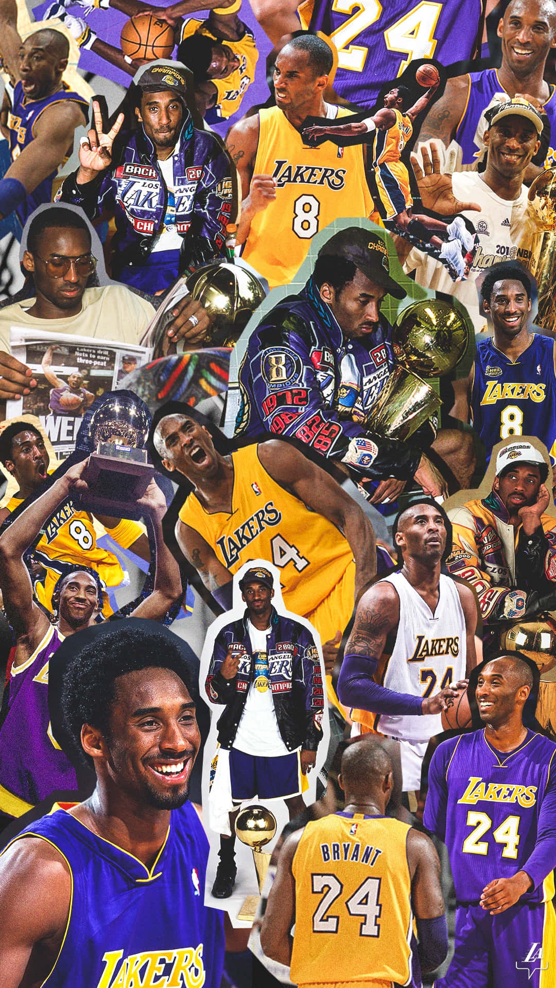 Kobe 桌布 壁紙 — 一幅充滿活力的拼貼畫，描繪高比·拜仁穿著湖人球衣，在其傳奇職業生涯中舉起獎盃慶祝勝利。