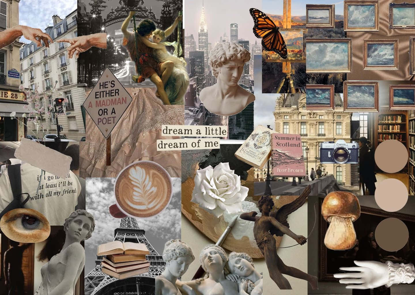 Dark Academia Aesthetic 桌布 壁紙 — 一幅充滿活力的拼貼畫，融合了裝飾藝術雕像、咖啡飲品、蝴蝶和城市景觀，將復古與現代美學融為一體。
