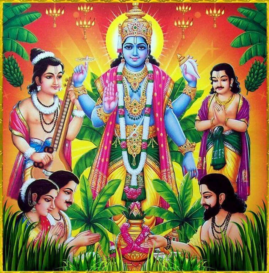 Satyanarayana Swamy 桌布 壁紙 — 一幅充滿活力的插圖，描繪了一位藍皮膚的神祇，擁有多隻手臂和華麗的珠寶，周圍環繞著信徒，置身於翠綠的環境中。