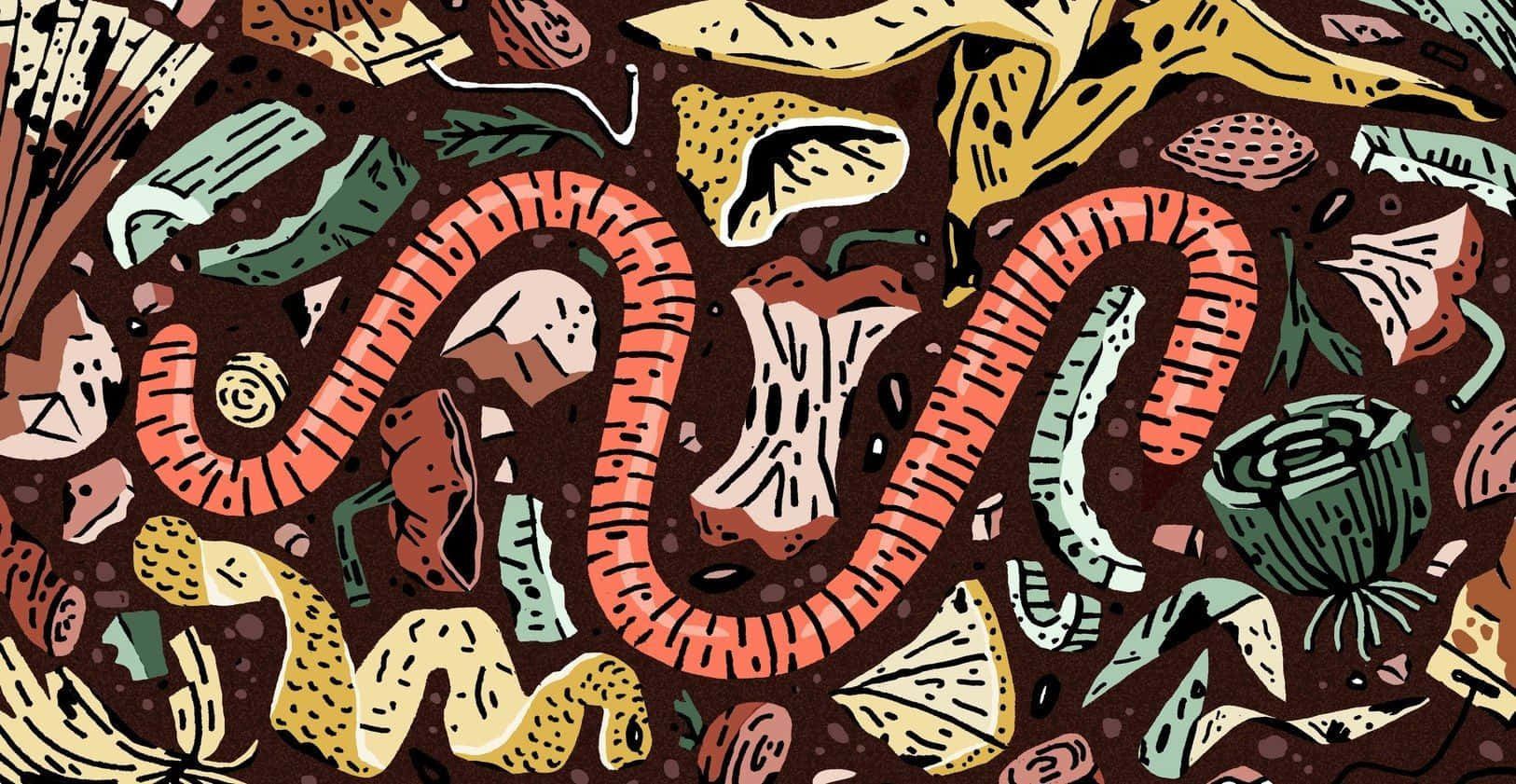 Compost 桌布 壁紙 — 一幅充滿活力的插圖，描繪了一條彎曲的橙色蠕蟲，散落在深棕色背景上的彩色有機形狀之間。