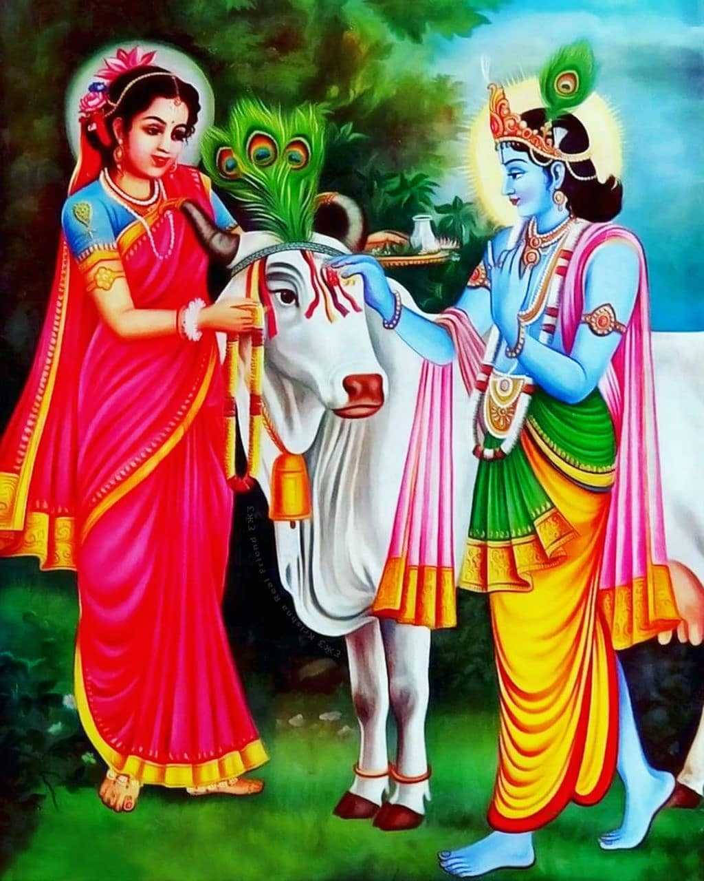 radha krishna HD 桌布 壁紙 — 一幅充滿活力的插圖，描繪了主克里希納和拉達穿著色彩繽紛的傳統服飾，站在一頭裝飾華麗的白牛旁邊，身處鬱鬱蔥蔥的花園中。