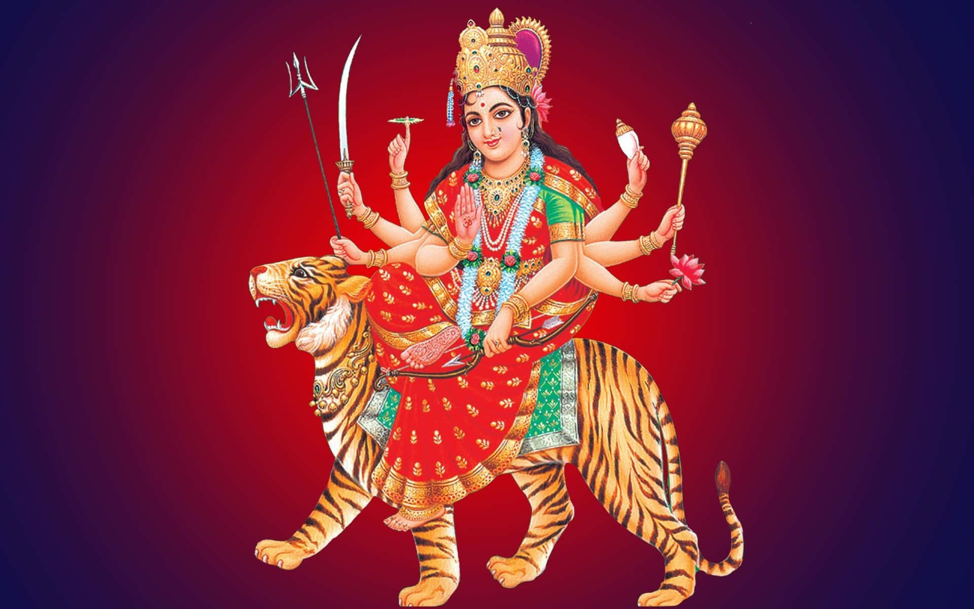  壁紙 — 一幅充滿活力的插圖，描繪了印度教女神杜爾迦（Durga）多臂騎著咆哮的老虎，背景為深紅色漸變。