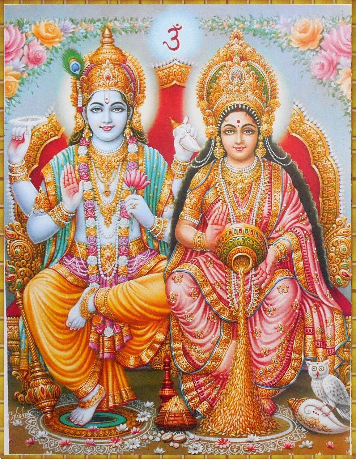 Lakshmi 桌布 壁紙 — 一幅充滿活力的插圖，描繪印度教神祇拉達和克里希納坐在飾有鮮花和黃金的華麗寶座上，周圍環繞著神聖符號和一隻白色的貓頭鷹。