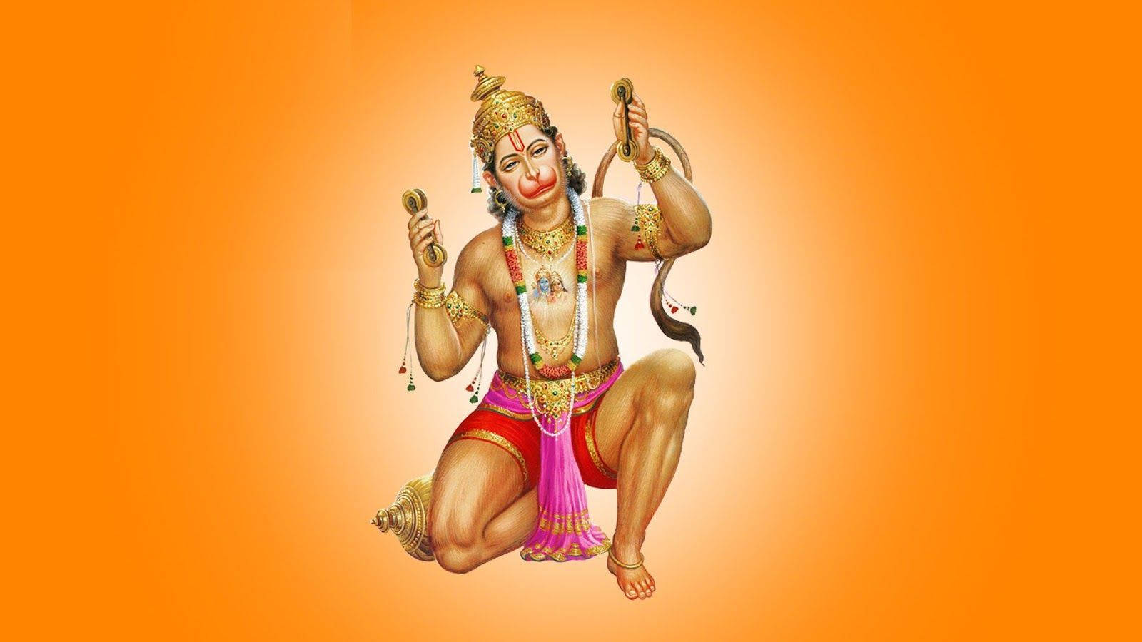 lord hanuman 桌布 壁紙 — 一幅充滿活力的插圖，描繪哈努曼以動態坐姿呈現，背景為耀眼的橙色漸變。