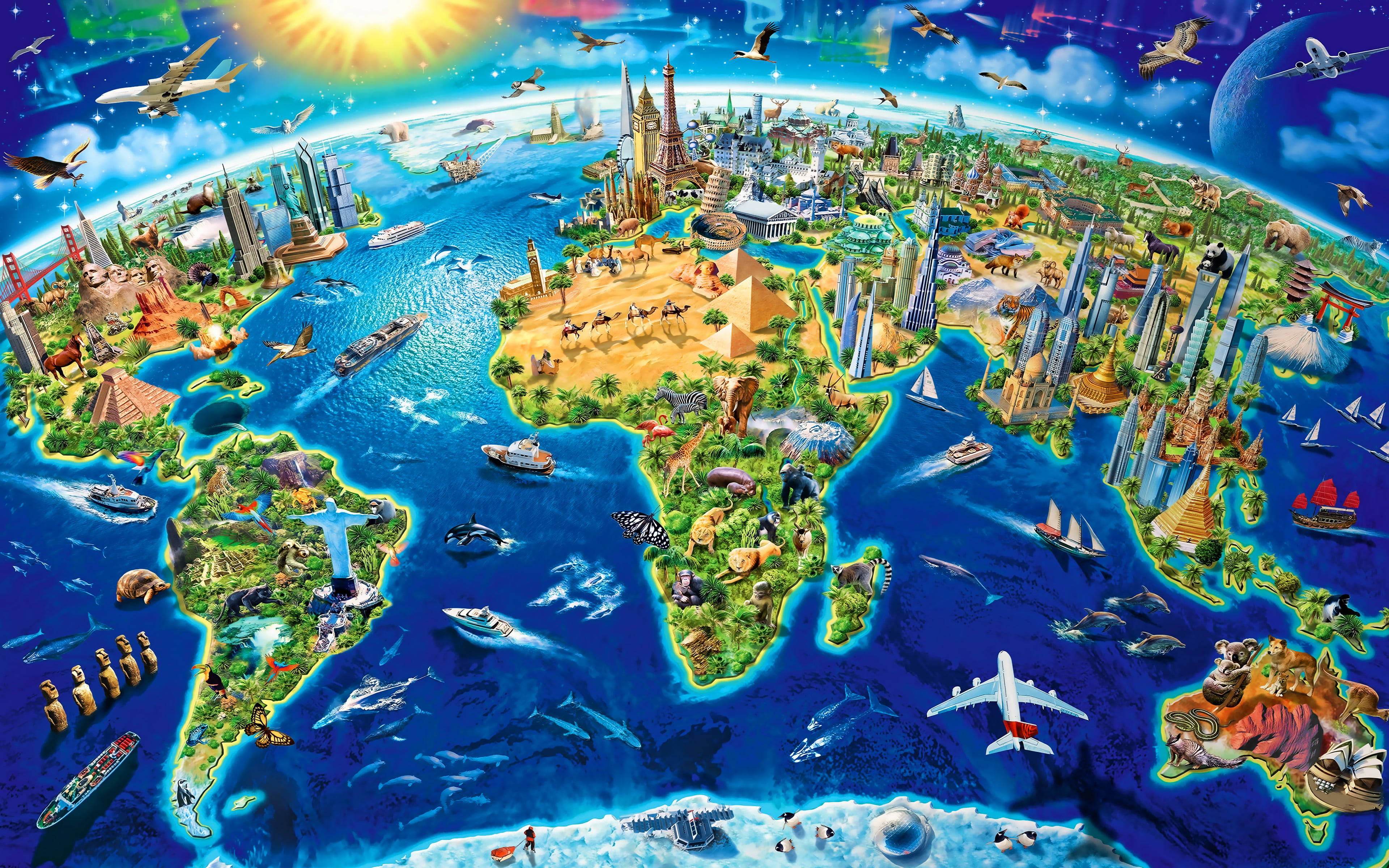 世界地圖 桌布 壁紙 — 一幅充滿活力的插圖世界地圖，充滿了標誌性的地標、動物和船隻，背景是湛藍的海洋和晴朗的天空。