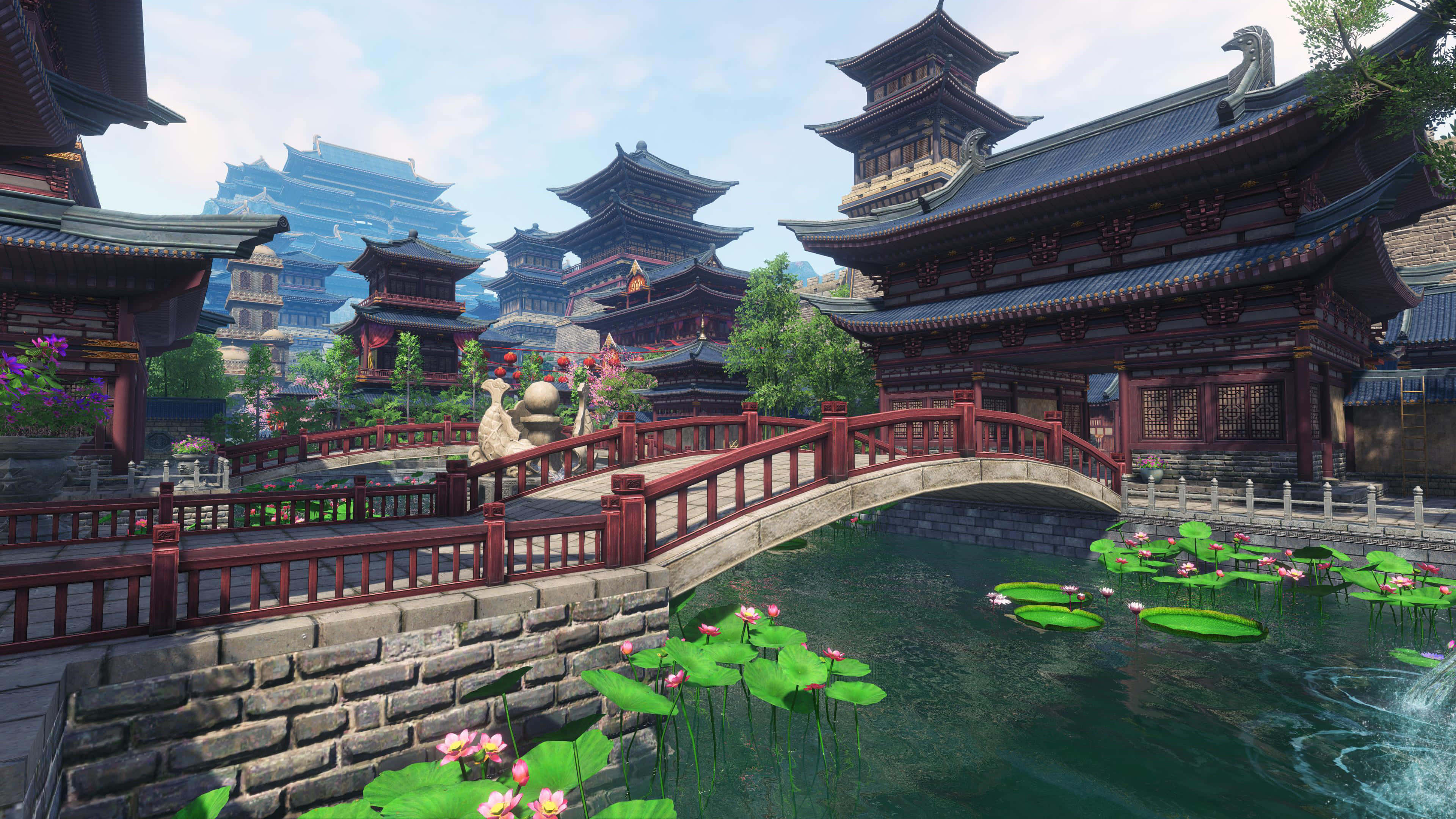 Feudal Japan 桌布 壁紙 — 一幅充滿活力的數位場景，展現傳統東亞建築，紅橋與荷花池在明亮的天空下。