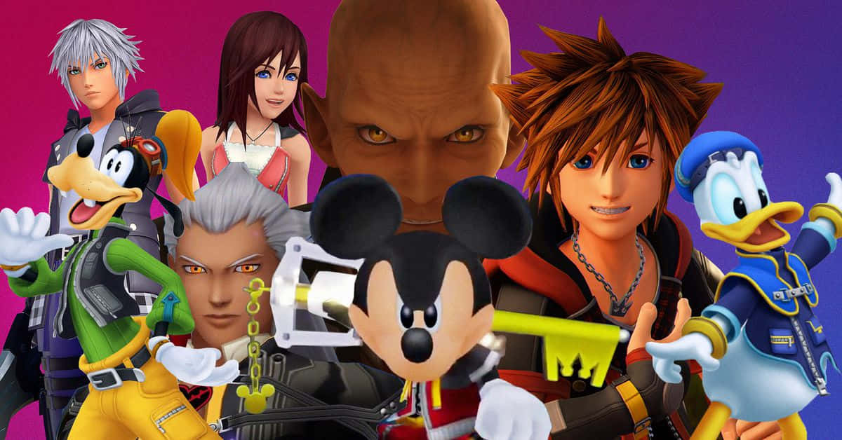 Kingdom Hearts Characters 桌布 壁紙 — 一幅充滿活力的數位拼貼畫，包含 Kingdom Hearts 角色，包括 Mickey、Donald、Goofy、Sora 和 Riku，背景為洋紅色到紫色的漸變。