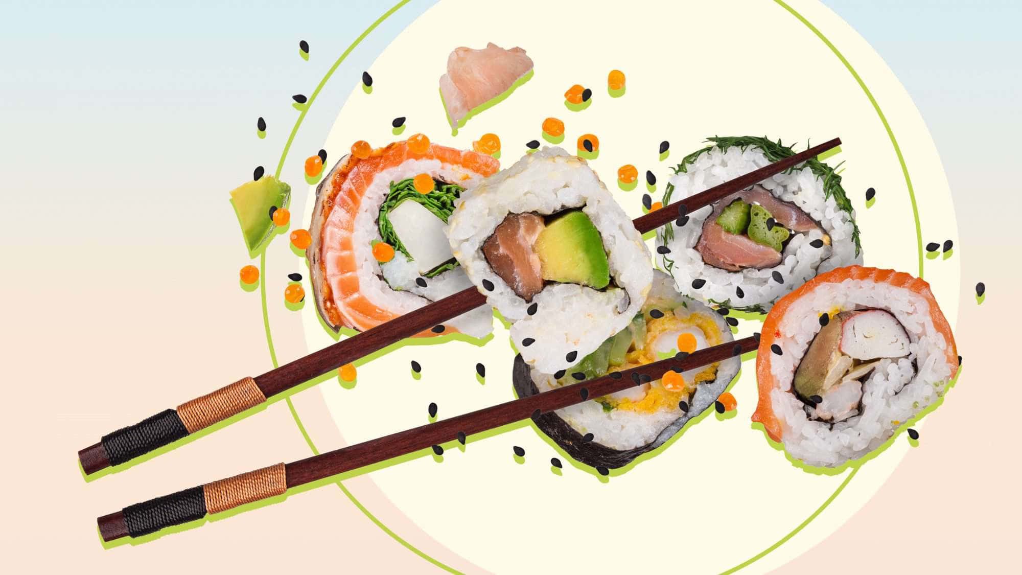 Sushi 桌布 壁紙 — 一幅充滿活力的數位插圖，展示各式壽司卷和刺身，藝術性地擺放在盤子上，附有筷子。
