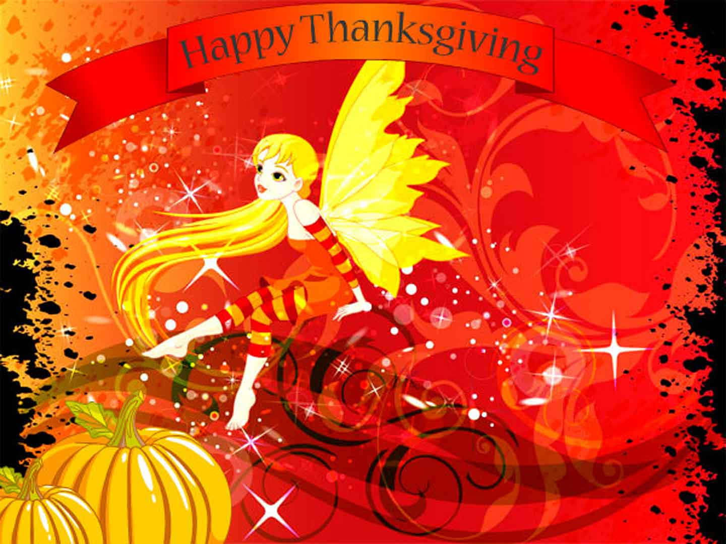 Happy Thanksgiving 桌布 壁紙 — 一幅充滿活力的數位插圖，描繪一位金髮黃翼的仙女在火焰般的紅橙色背景上，伴隨著漩渦圖案和閃光，在南瓜旁翩翩起舞。