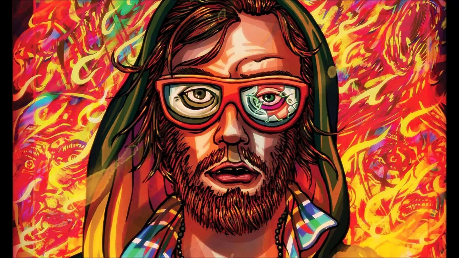 Hotline Miami 桌布 壁紙 — 一幅充滿活力的數位插圖，描繪一位戴著紅色眼鏡、留著鬍鬚的男子，背景是火熱的迷幻風格。