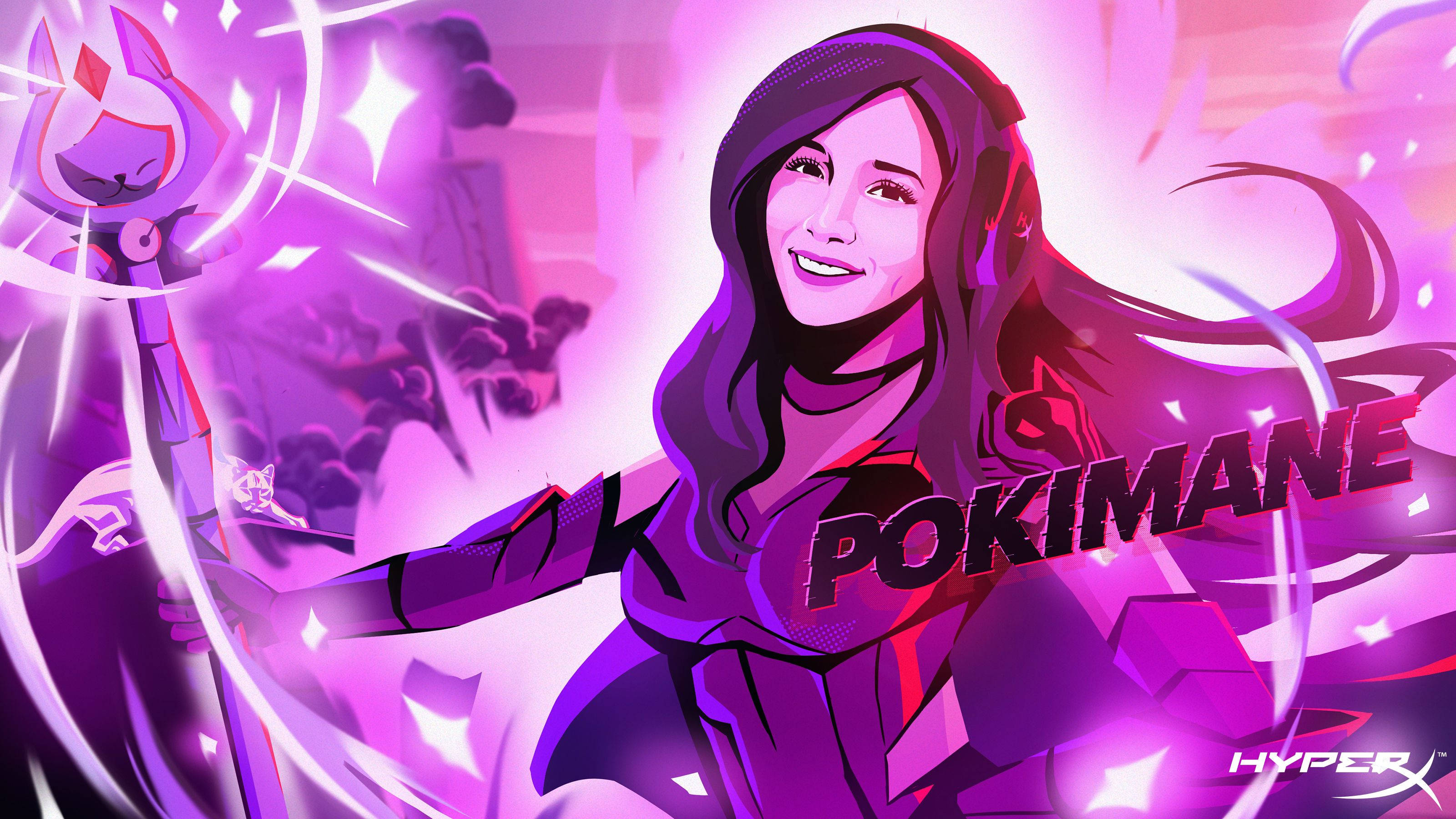 Pokimane HyperX Game 壁紙 — 一幅充滿活力的數位插圖，描繪了Pokimane在動態的紫色和粉紅色發光場景中與她的貓咪同伴。