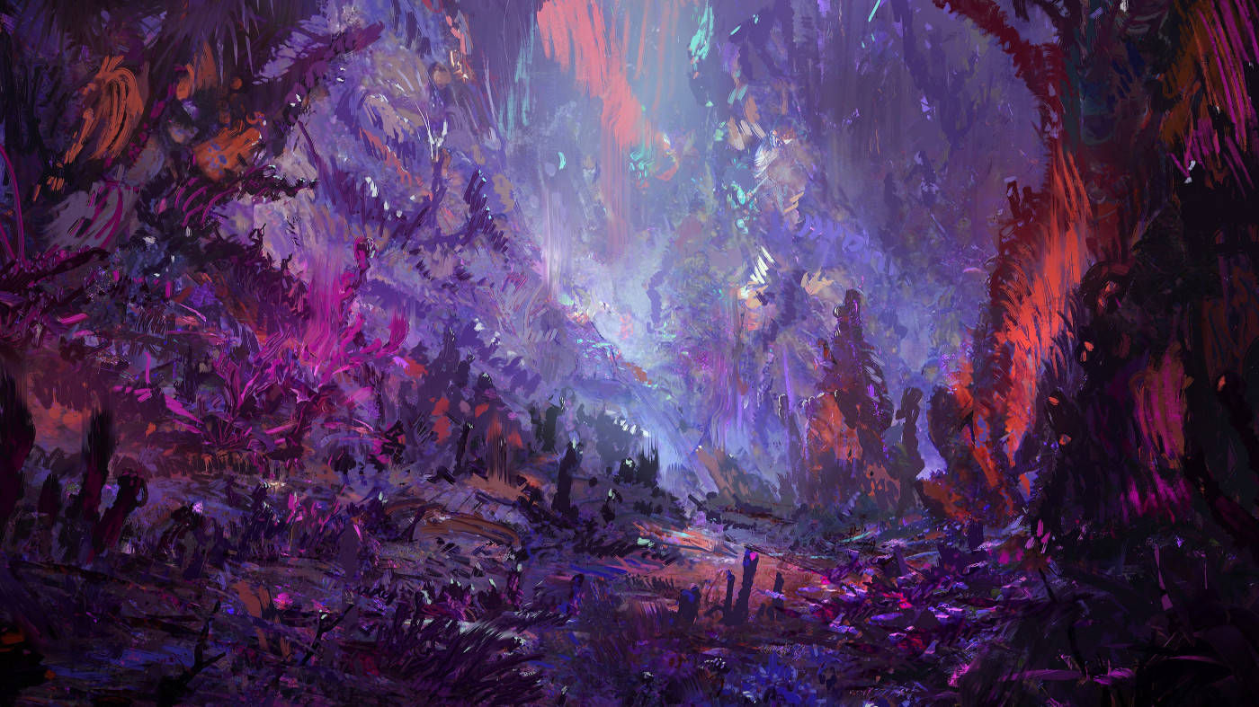 藝術 桌布 壁紙 — 一幅充滿活力的數位繪畫，描繪了一個神秘森林，在耀眼光源下閃耀著紫色和橙色色調。