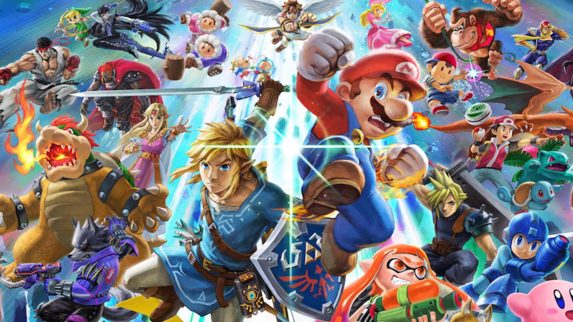 Fighting Games 桌布 壁紙 — 一幅充滿活力的數碼拼貼畫，描繪了標誌性電子遊戲英雄和反派在發光藍色能量爆發背景下的動態動作姿勢。