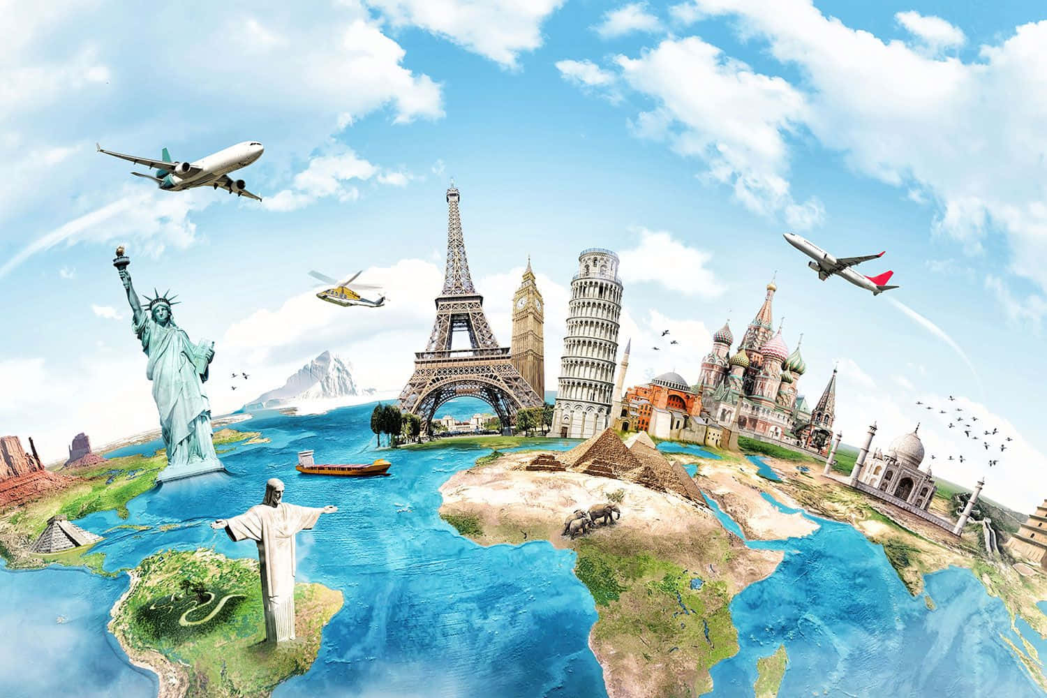 3d Travel 桌布 壁紙 — 一幅充滿活力的數碼拼貼畫，描繪了全球地標在風格化的世界地圖上空漂浮，明亮的藍天中有飛機飛過。