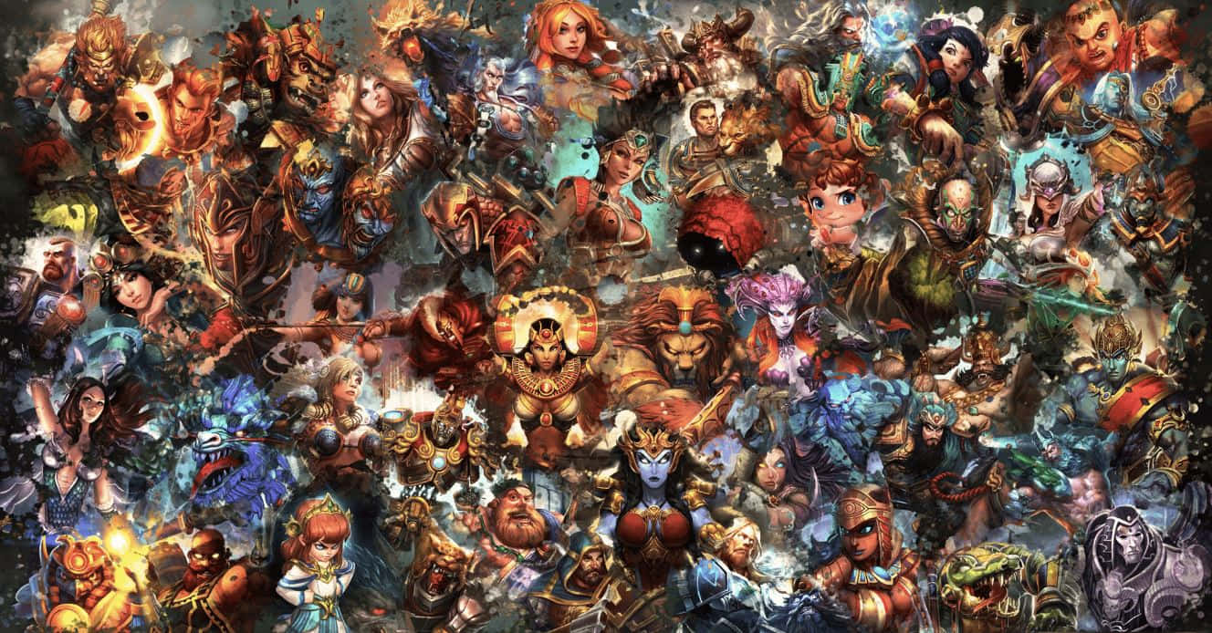 Online Gaming 桌布 壁紙 — 一幅充滿活力的數碼拼貼畫，描繪了多種奇幻角色以動態姿勢呈現，色彩豐富，盔甲細節精緻。