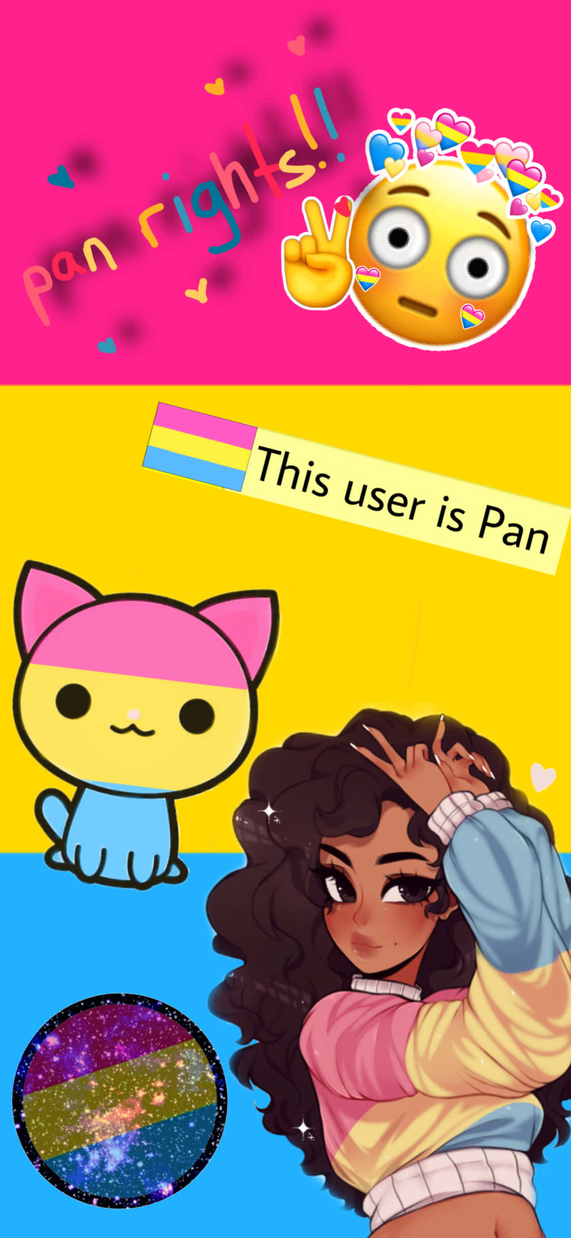 Pansexual 桌布 壁紙 — 一幅充滿活力的數碼插圖，以泛性戀驕傲旗、卡通貓咪和一位捲髮年輕女性為特色，背景為三色。