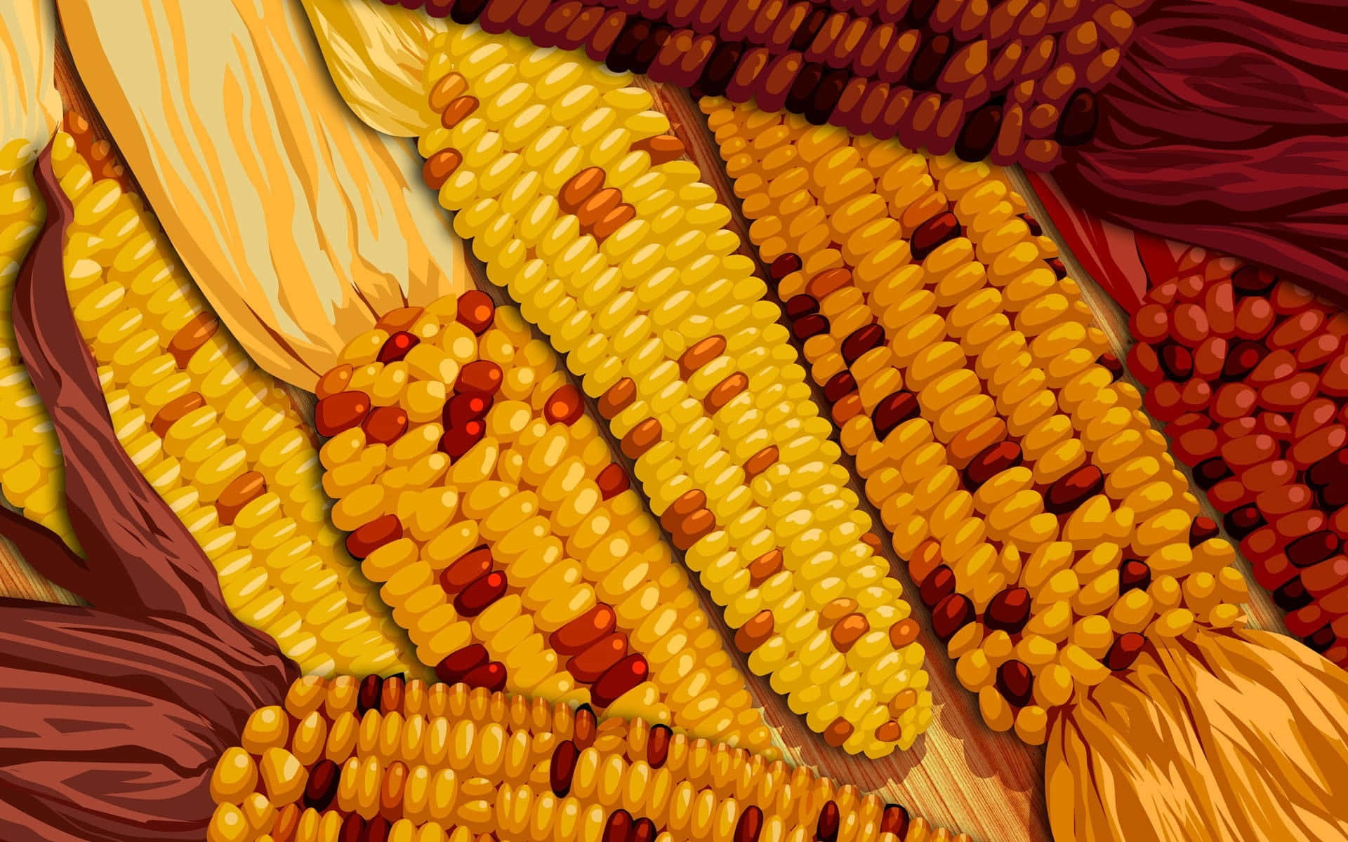Yellow Corn 桌布 壁紙 — 一幅充滿活力的數碼插圖，展示各種黃色和紅色玉米粒的玉米棒，以對角線排列在木質表面上。