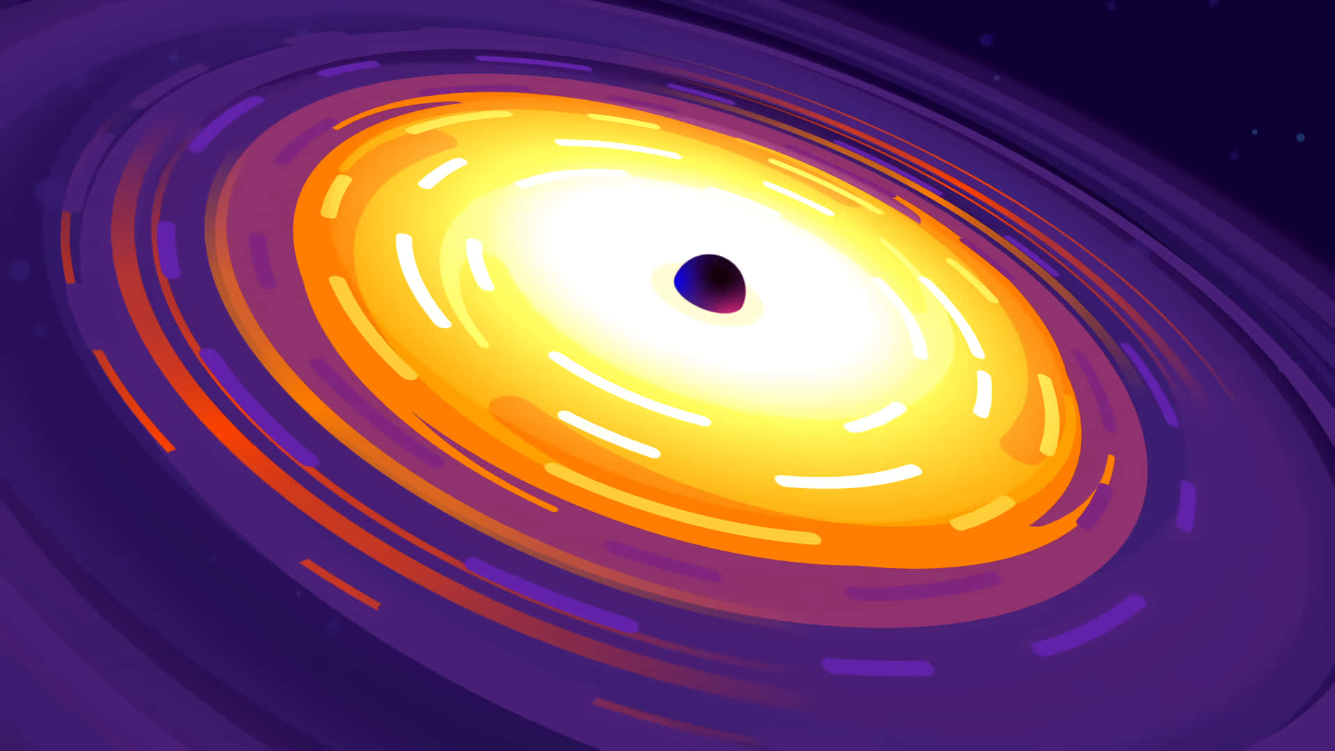 Minimalist Space 桌布 壁紙 — 一幅充滿活力的數碼插圖，描繪一個發光的吸積盤在深紫色宇宙背景中圍繞黑洞旋轉。