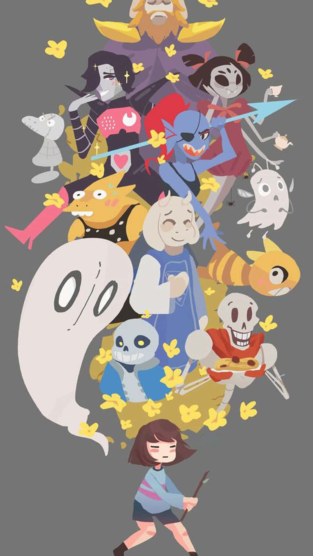 Undertale Phone 桌布 壁紙 — 一幅充滿活力的數碼插圖，描繪了《Undertale》角色聚集在灰色背景上飄落的黃色花瓣中。