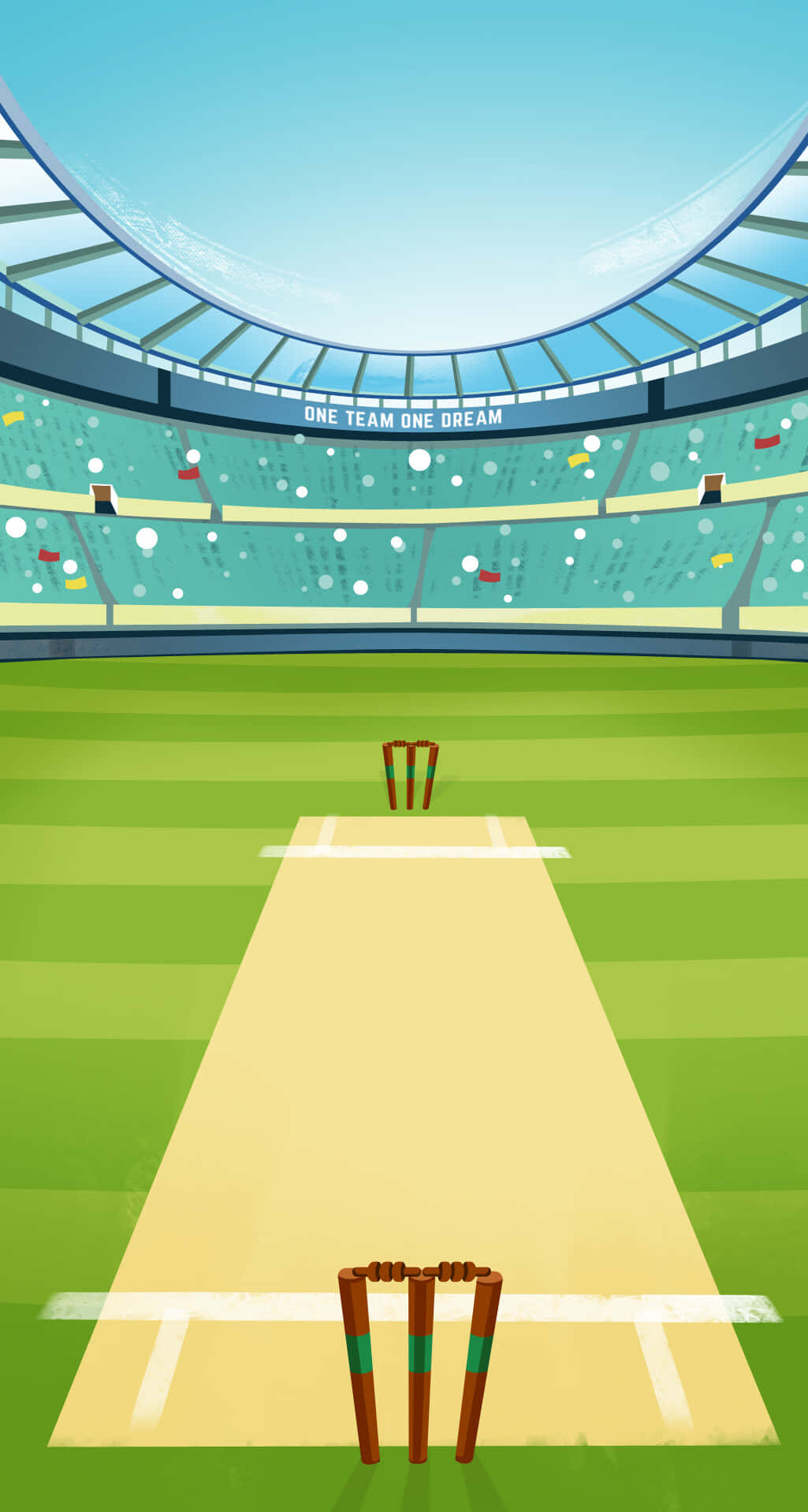 Cricket Ground 桌布 壁紙 — 一幅充滿活力的數碼插圖，描繪了一個板球場，在晴朗的藍天下，綠色球場上有兩個三柱門。