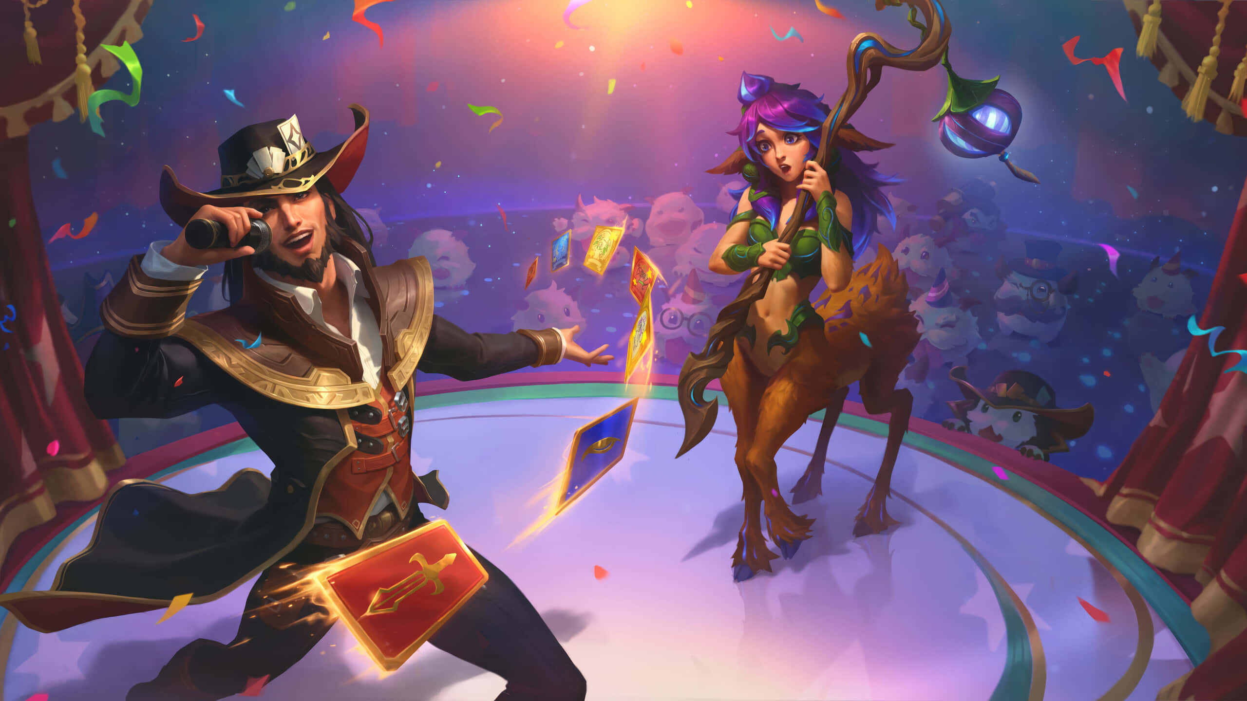 League Of Legends Champions 桌布 壁紙 — 一幅充滿活力的數碼插圖，描繪兩個奇幻角色在色彩繽紛的舞台燈光下表演魔術卡牌戲法。
