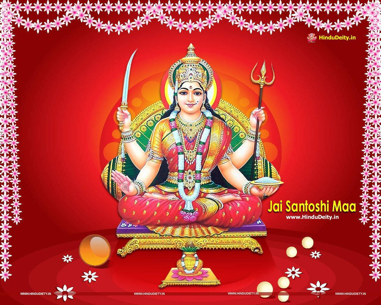 Goddess 桌布 壁紙 — 一幅充滿活力的數碼插圖，描繪女神桑托希·瑪（Santoshi Maa）威嚴地坐在金色寶座上，背景是豐富的紅色，飾有粉紅色花卉邊框。